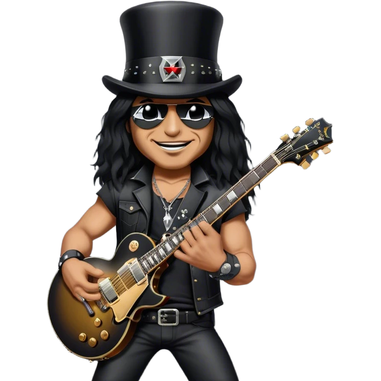 Create a bold and iconic emoji representing Slash with his Gibson guitar. The design should feature Slash wearing his signature black top hat (cylinder) and holding his famous Gibson Les Paul guitar. Make sure to capture his distinctive smudged, smirking expression, with a slightly tanned or smuggled face and large lips. The guitar should be positioned in a rockstar pose, with dark, metallic colors like black and gold to reflect the classic rock aesthetic. The background should be transparent, with a hint of stage lighting to enhance the rock vibe. emoji