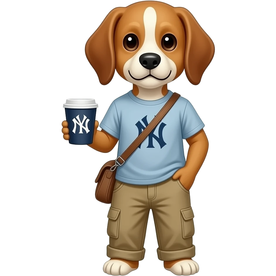 dog wearing a ny cup and wearing a layerd t shirt, and a baggy pants emoji