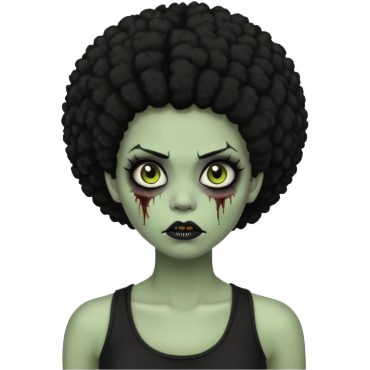 a female zombie with sage green skin, black afro hair, eyelashes and a black tank top emoji