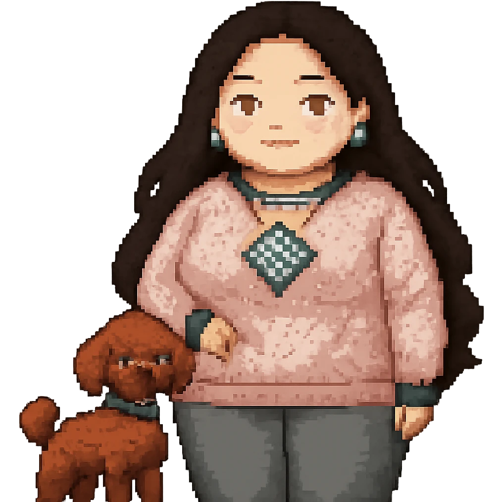 Make the woman's hair much darker and longer, reaching waist length, and increase her weight for a fuller figure, in pixel art style, with no background. emoji