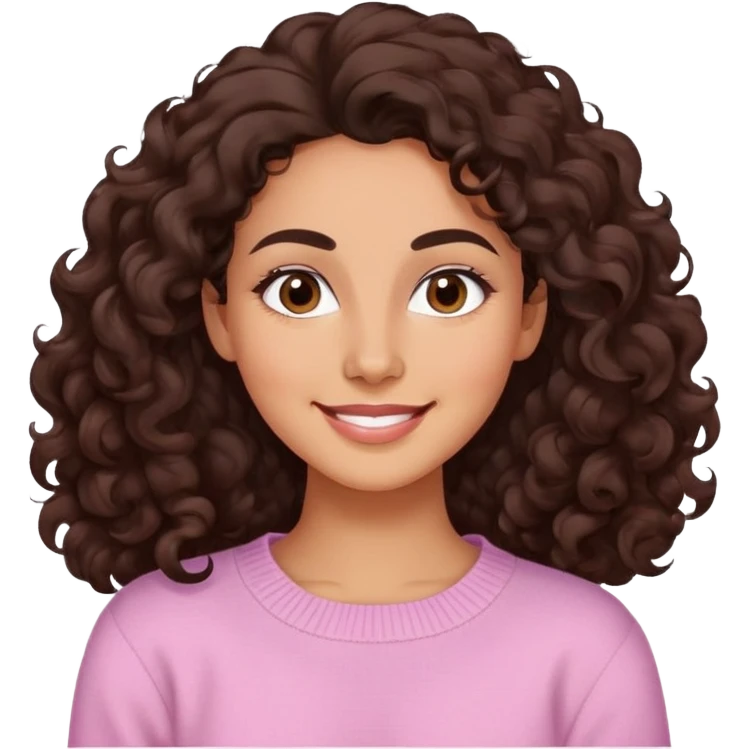 Mujer piel canela, cara ovalada, cejas definidas, pelo súper largo rizado marron oscuro, raya al lado. Sonrisa amplia, expresión suave-alegre. Sweater largo rosado claro. emoji