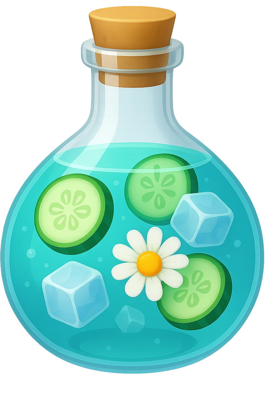 Edit the bottle in the same shape as the reference image. The liquid inside should be color #6fdef1. Inside the bottle, include more cucumber slices, ice cubes, and a chamomile flower. The style should resemble apple emoji style with concise and clean details. emoji