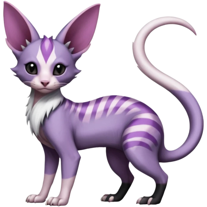 Purple, white, black, Minccino-Sphynx-Lykoi-Linoone-Zangoose-fusion-hybrid-animal-Fakémon-creature, full body, thin long sleek scaly tail, intricate markings emoji