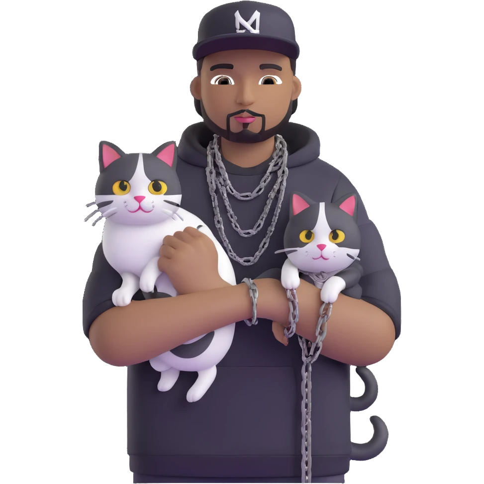 rapper with chains holding a black and white cat emoji