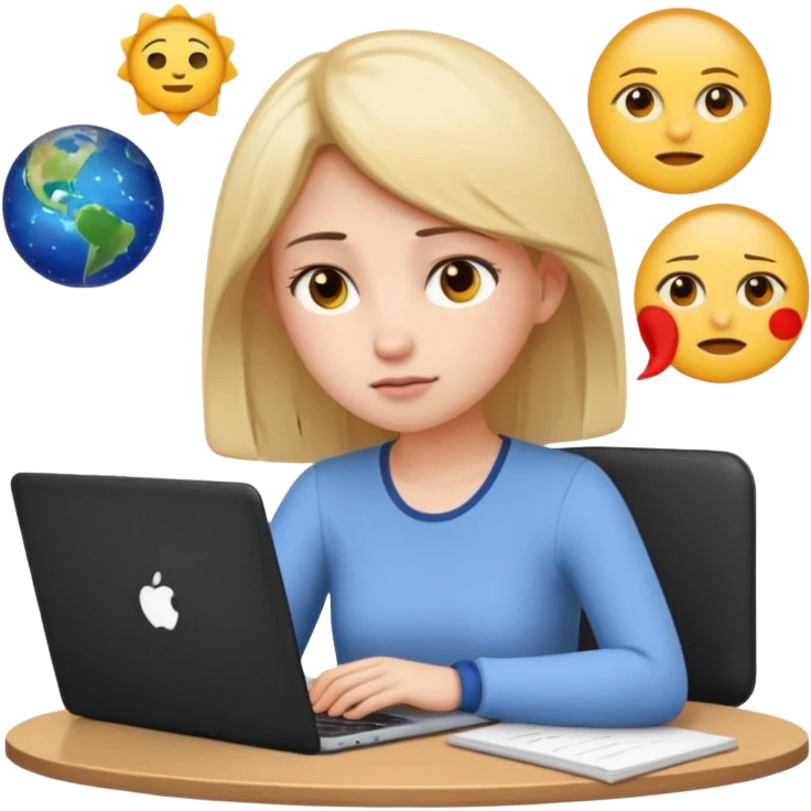 3D emoji style sticker, young woman, white background, slight exam stress, sitting with a laptop, IELTS practice test on the screen showing Overall 5.5, tired but determined expression, notebooks and papers around, soft lighting, minimal details, clean aesthetic, astrology style emoji