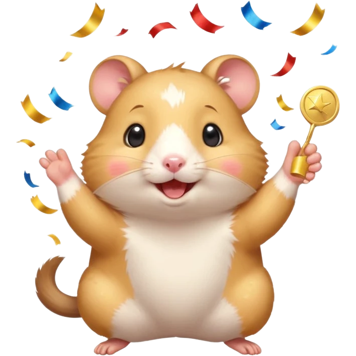 Cute cartoon-style hamster throwing confetti, holding a tiny medal, joyful expression. Painterly shading, white background, sticker-style illustration emoji