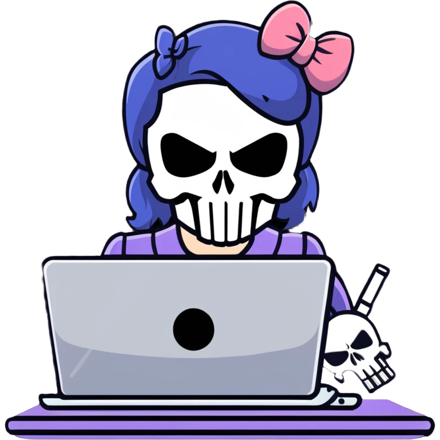 girl Punisher skull with bow typing on laptop emoji