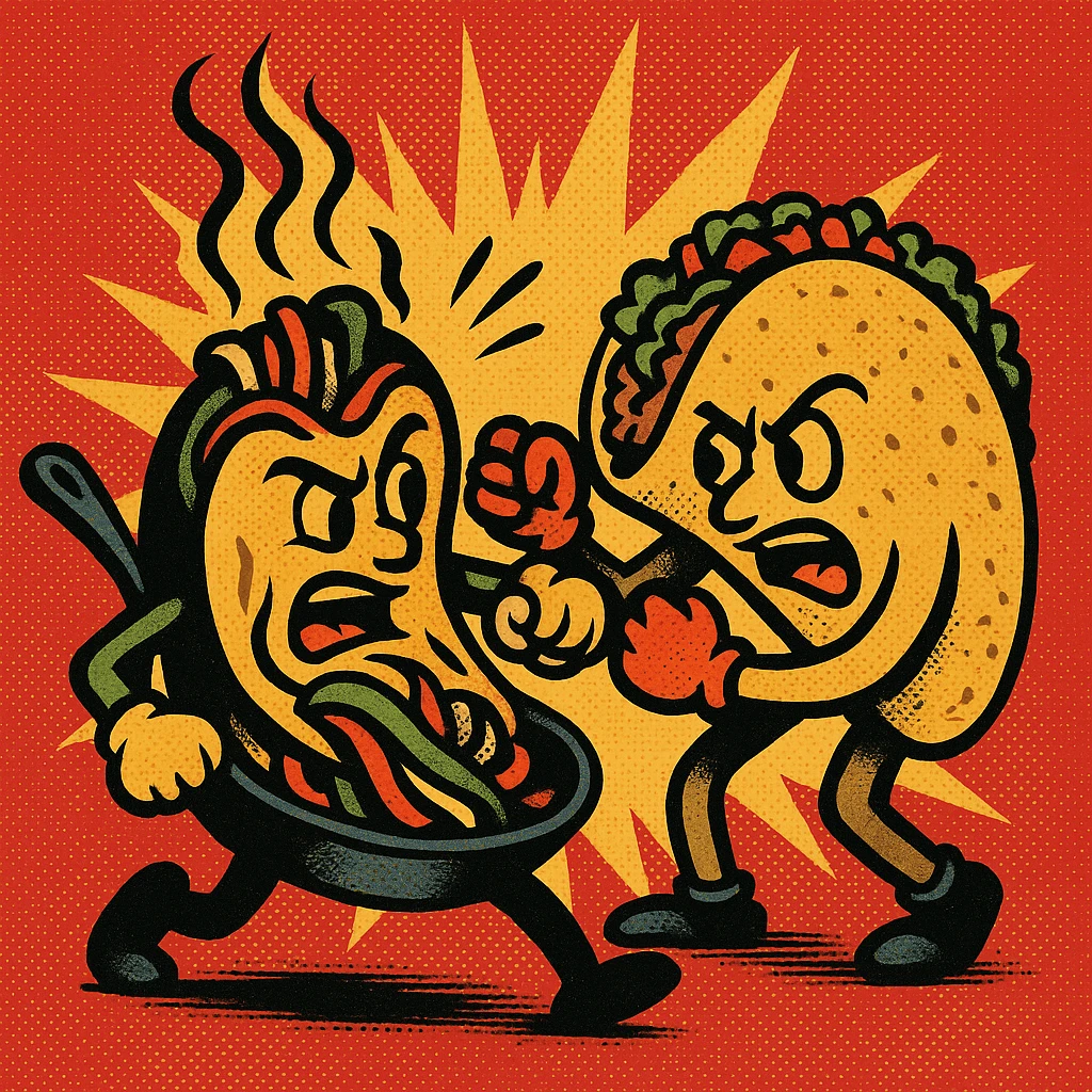 a sizzling fajita and a taco wrestling, comic style, bold outlines emoji