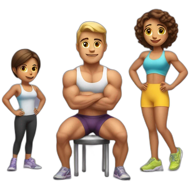 A short girl is sitting on a chair and two bodybuilders are standing behind her emoji