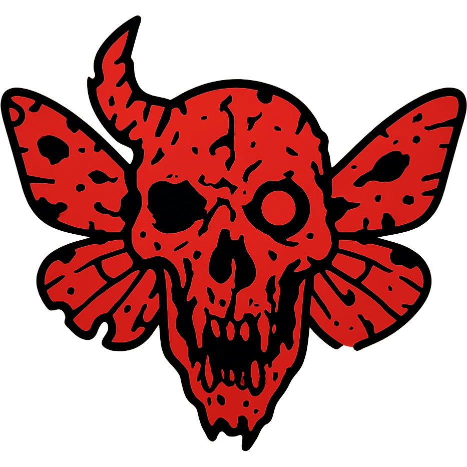 highly detailed yet weathered red horror icon of horrifically distorted minotaur-stoat skull fusion with jagged broken horn and malevolent glowing eye, tattered moth wings extending from skull, heavily damaged with deliberate weathering, missing sections, and eroded areas, complex bone textures, asymmetrical distorted features, hollow transparent areas amid detailed elements, 100% red with varied line weights emoji
