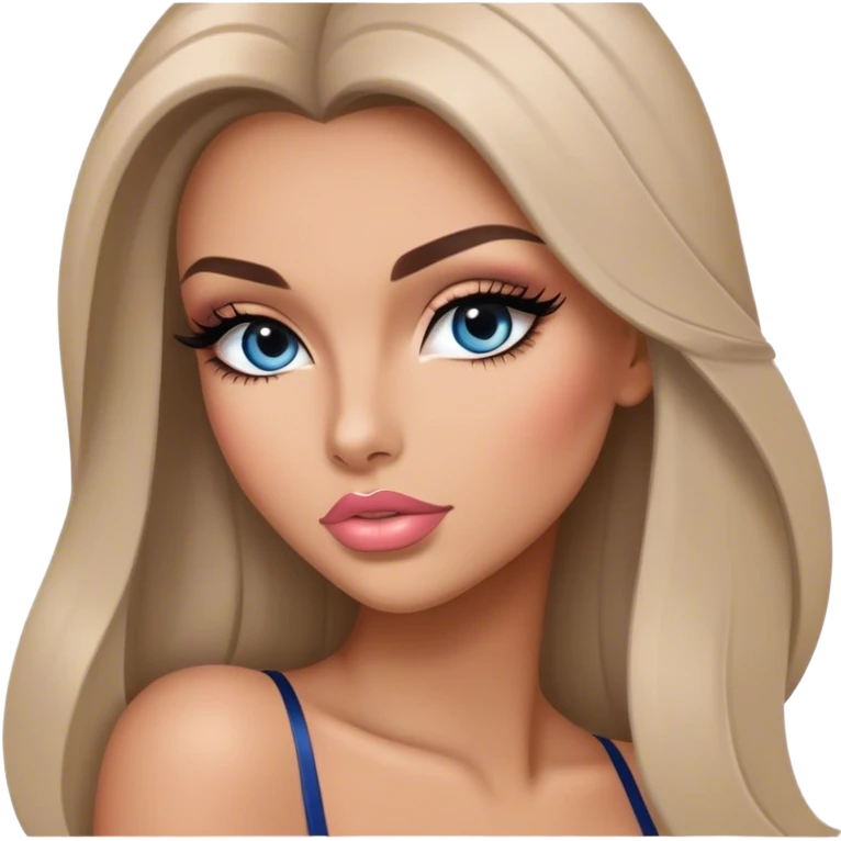 Glamours, tanned, very beautiful girl, with big pump peach-beige-rose lips, long long lashes, black straight smooth silky long hair, straight parting hair, blue-grey eyes emoji