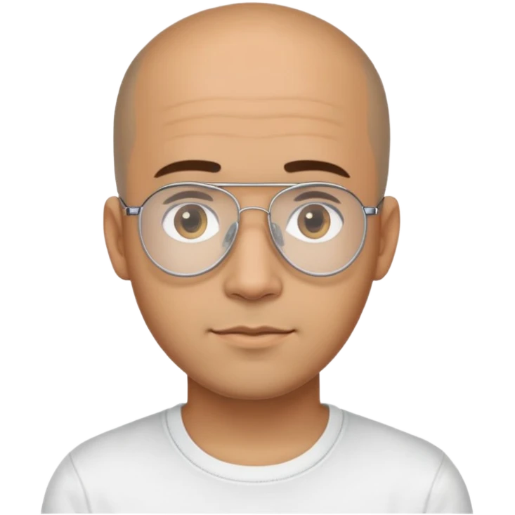 Light brown skinned Latino man with oval face, transparent aviator eyeglasses with thin metal frames, completely bald sides with extremely short dark curly hair only on crown, friendly neutral expression, casual black t-shirt emoji