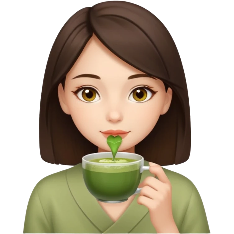 beautiful brunette , with light brown eyes (let's call her kami), sipping matcha emoji