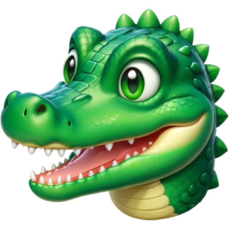 Cinematic Cute Crocodile Portrait Emoji, Head tilted playfully and inquisitively, featuring a smooth, glossy emerald-green hide with subtle textured scales and round, sparkling eyes filled with curious mischief, Simplified yet irresistibly adorable features, highly detailed, glowing with a warm, friendly glow, high shine, affectionate and surprisingly charming, stylized with a touch of wild whimsy, bright and endearing, soft glowing outline, capturing the essence of a mischievous yet lovable crocodile, so playful it feels like it could snap out of the screen into your arms! emoji
