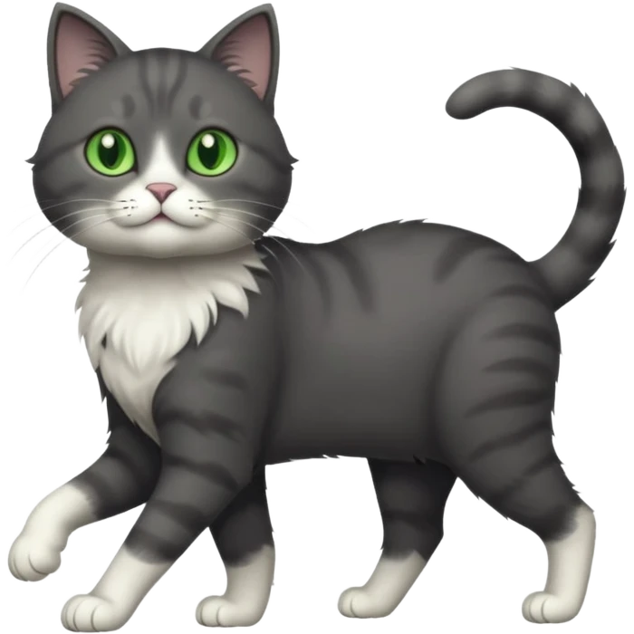 full body solid dark grey cat with green eyes, white paws and white whiskers walking emoji