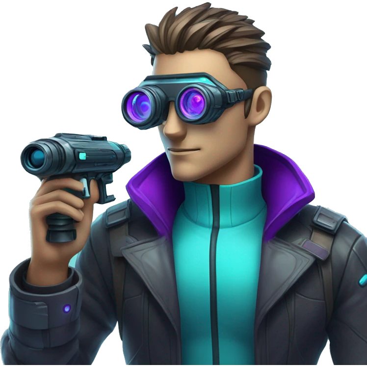 Secret human agent with  cyberpunk elements with a spyglass scanning looking reviewing multicolor lines of code, cyan and purple colors, only upper body portrait emoji