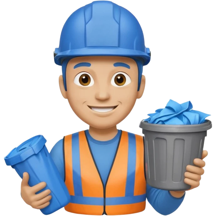 blue garbage man with blue helmet holding garbage  emoji