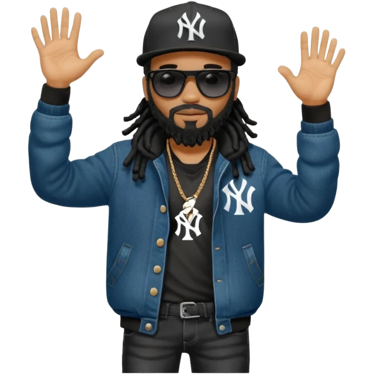 African American man with shoulder length black dreadlocks with black beard wearing black sunglasses wearing a New York Yankees logo baseball cap wearing a black bubble winter coat wearing denim skinny jeans and Timberland boots hand giving a high five emoji
