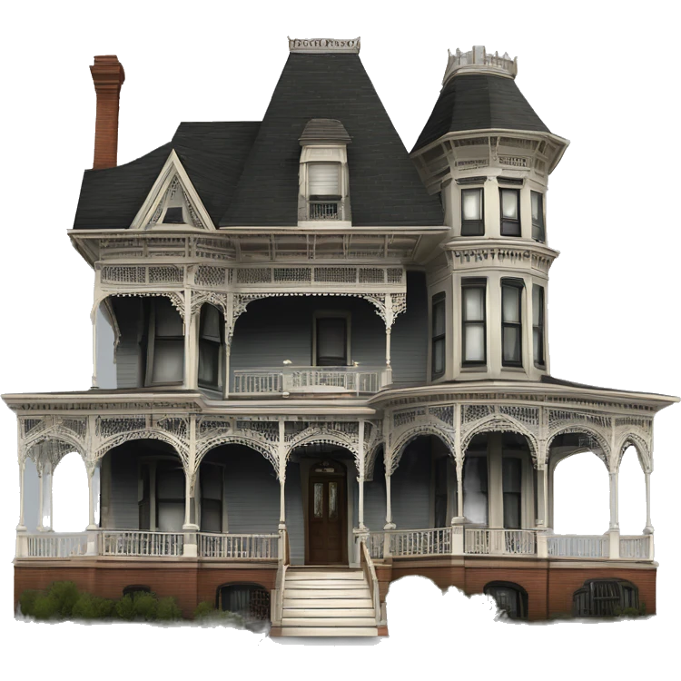 Side view Victorian style . Extra large Haunted Addams 8 story tall house. Wraparound porches porticos emoji