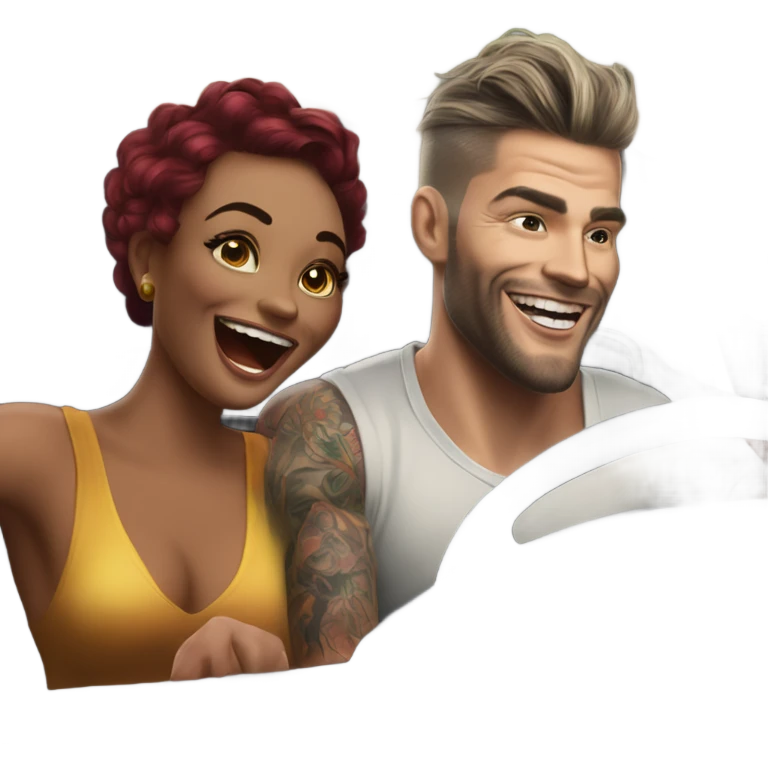 Hyper Realistic beautiful woman and a handsome tattooed man laughing while driving in a fancy car emoji