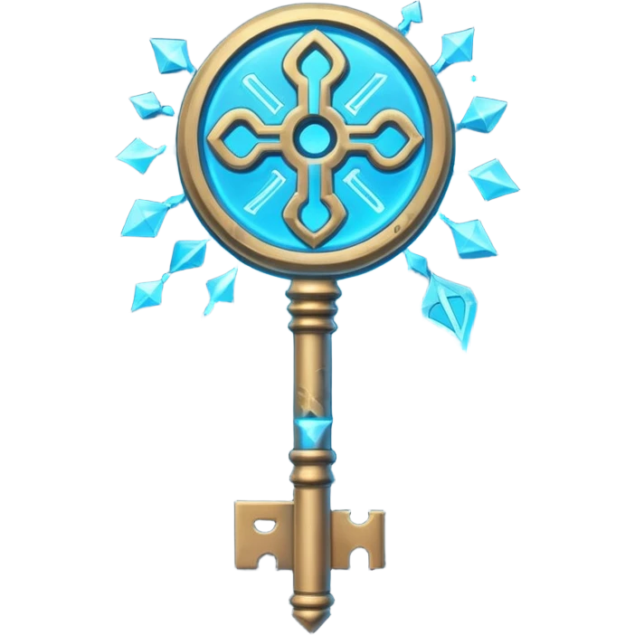 Ancient key glowing blue with runic markings, floating emoji