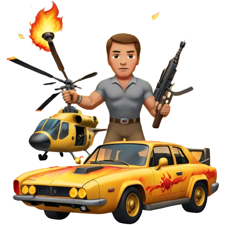 Icon for Action Movies: Arnold Schwarzenegger in the lead role, in an intense action pose with weapons, explosions, a car and helicopter flying out of flames in the background. The design should capture the explosive energy and heroism of classic action films. Transparent background. emoji
