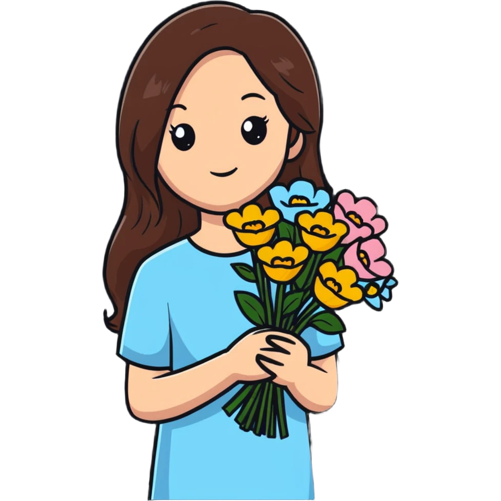 A cool girl with long brown hair and fair skin holding a bouquet of flowers emoji