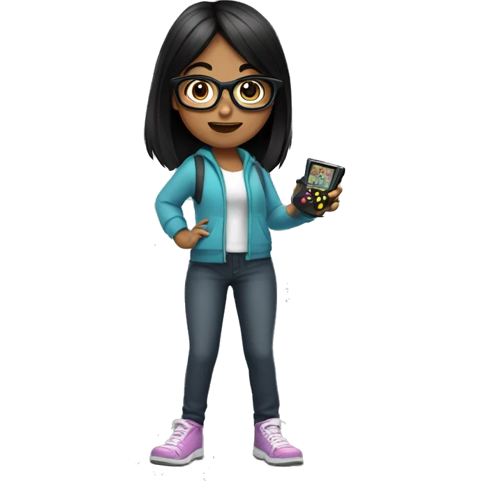 Girl with black hair and glasses playing video games emoji