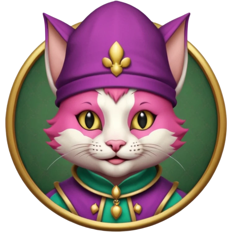 court jester cat medieval, single poker card joker clearly visible, pink, face only, round badge, court jester cap emoji