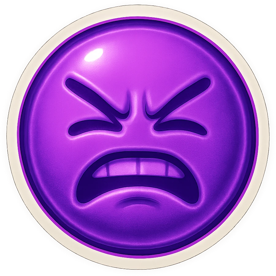 A funny face emote with a neon purple theme, expressing frustration, compact and expressive emoji