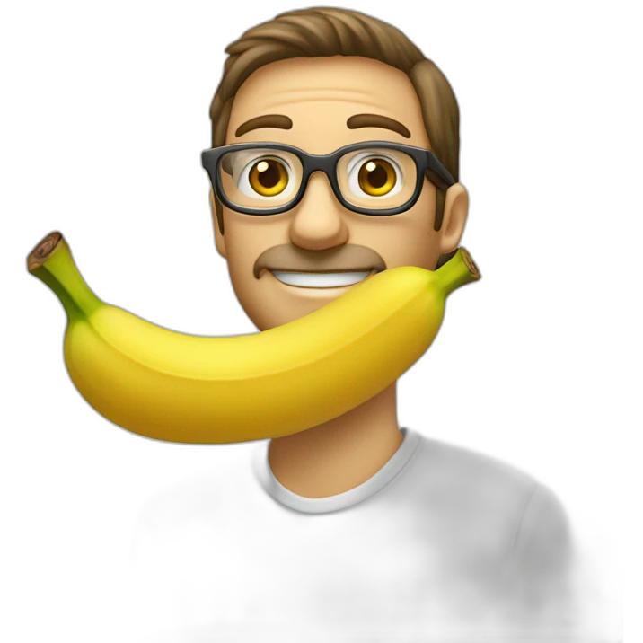 Uomo pelato con occhiali e pizzetto lancia una banana emoji
