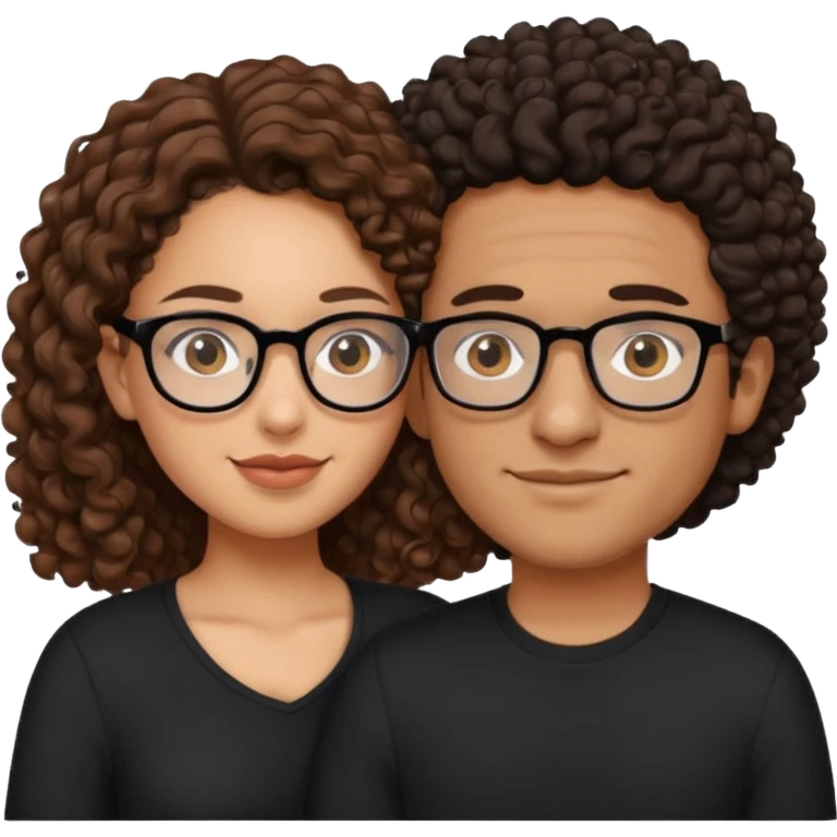 A mixed girl with glasses, the girl is wearing a black shirt, the girl has brown curly hair  and the girl has big boobs. A Mexican man is embracing her, with black bald hair emoji