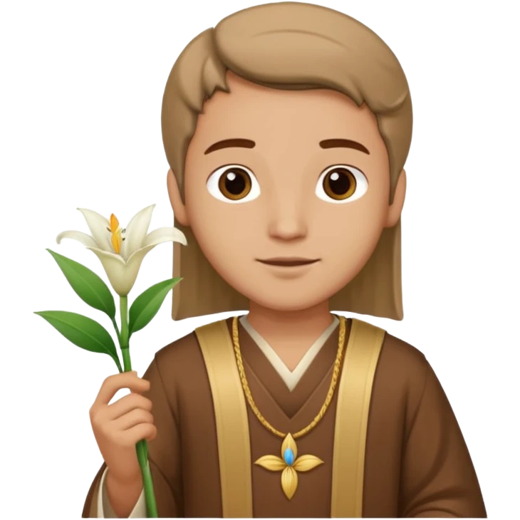 Santo Antônio with brown tunic, holding a white lily, friendly expression emoji