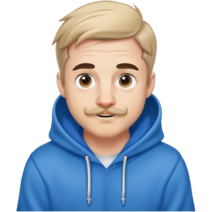 Mr. Beast wearing a blue hoodie, small ferret mustache, small light beard, playful expression emoji