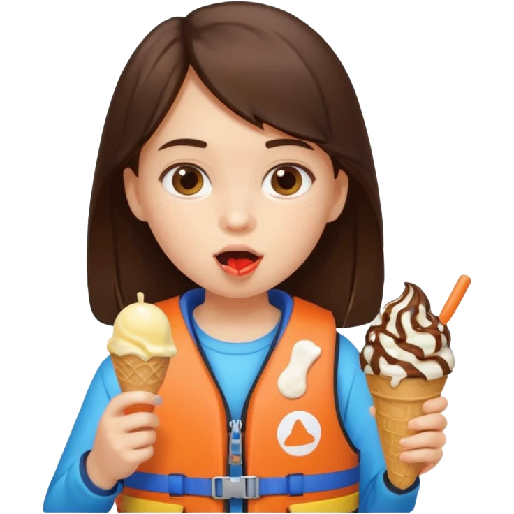 girl brunet kid wearing lifejacket, eating ice cream emoji