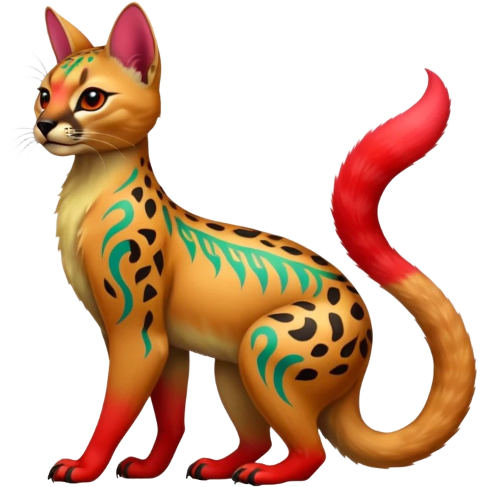 Colorful cute adorable tropical exotic fruity kiwi-green lemony rosy neon-red Caracal-Cheetah-Civet-Trico-fusion-hybrid-animal-creature, full body, with tribal tattoos emoji