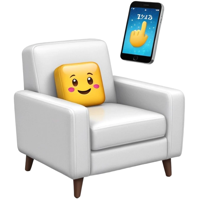smartphone at an angle in foreground showing armchair product page on screen, with sparkle emoji sticking out on the left side emoji