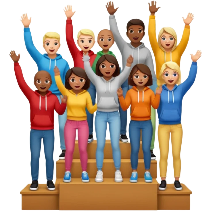 multi-racial people in colorful jeans, t-shirts, and hoodies on a brown winners’ podium, middle step higher, no numbers, excited, fun, expressive emoji style emoji