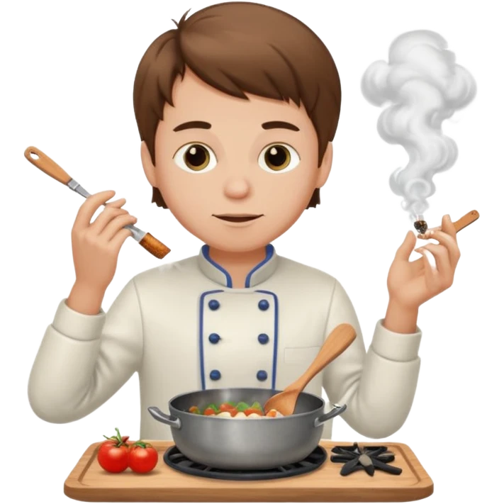 A brown haired white skinned boy cooking and smoking  emoji