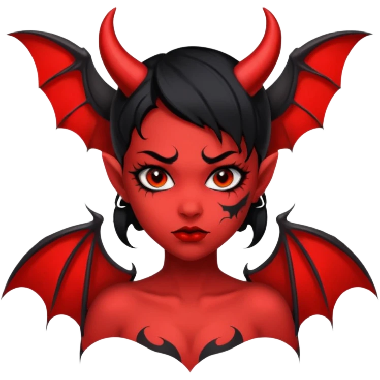 Demon girl: red skin, black hair, small horns, bat wing; tattoo-flash comic style; red/black palette; bold outlines; dark background; no text. emoji