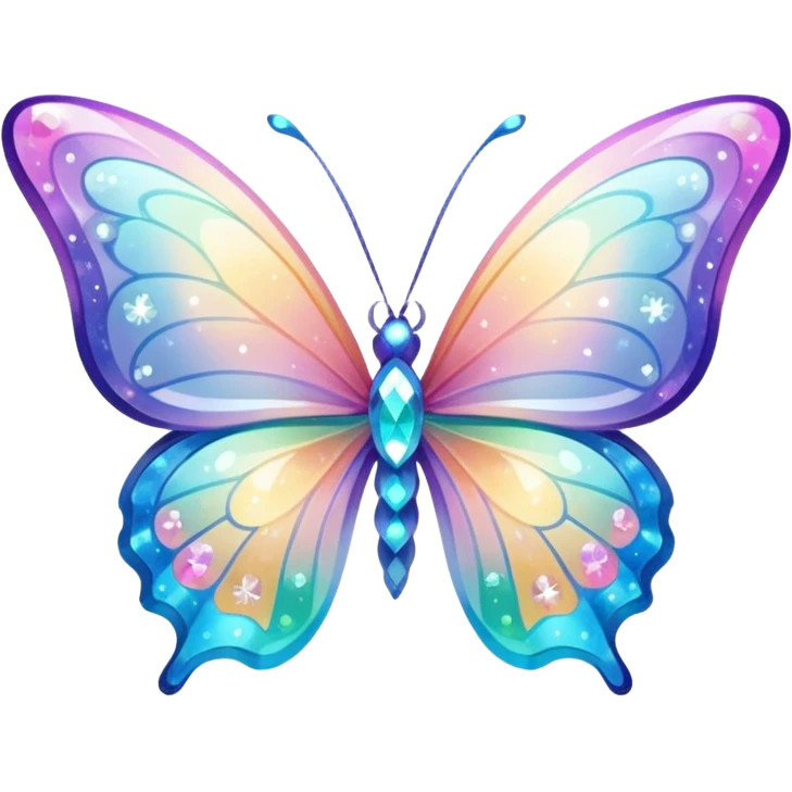 Transparent Shiny Glossy Pastel Gradient Hue Iridescent Crystal Butterfly with bright sparkles and sparkling glitter swirling around it emoji