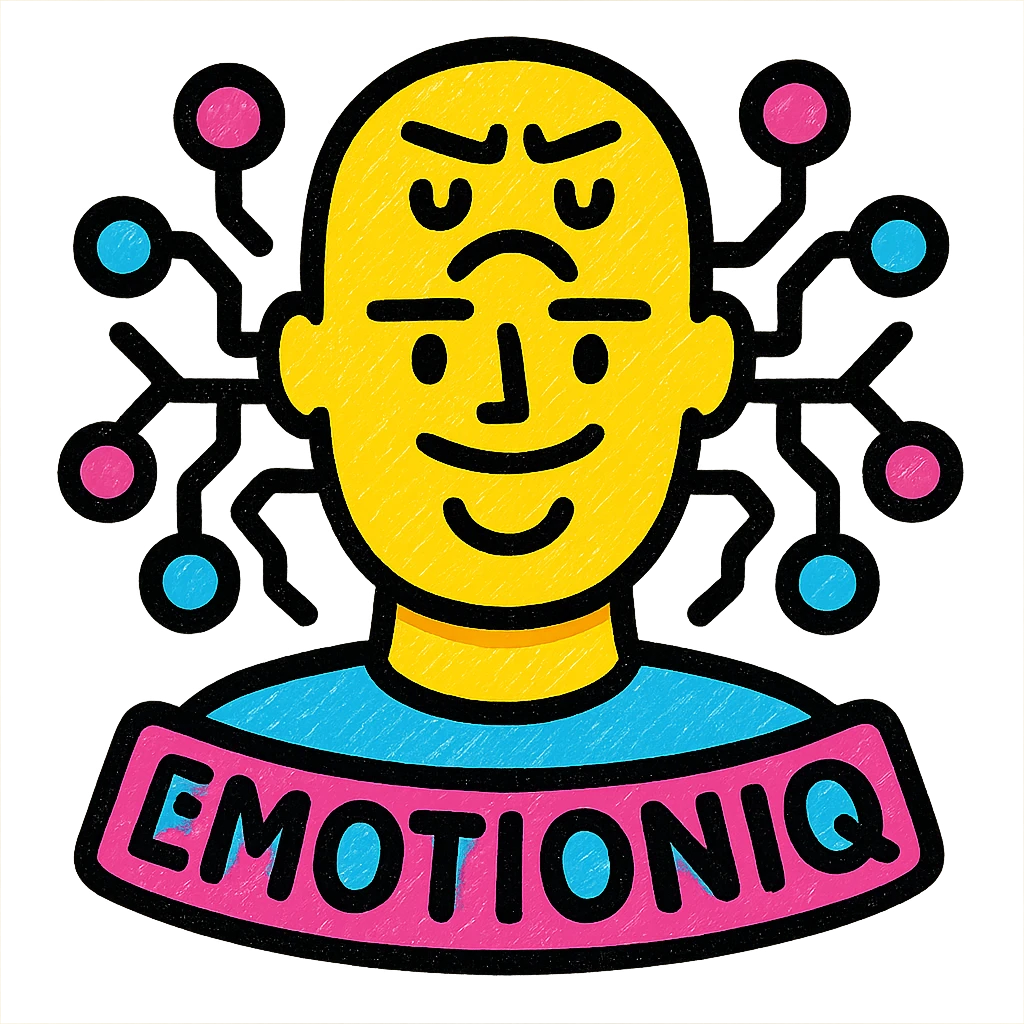 stylized icon representing EmotionIQ: a human face with shifting expressions, surrounded by colorful AI circuitry, symbolizing decoding human feelings through artificial intelligence, modern vibrant style emoji