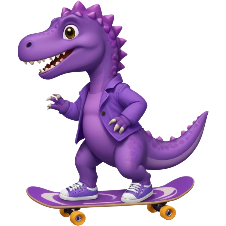 a purple dinosaur on a skateboard wearing a coat with sneakers in the bottom emoji