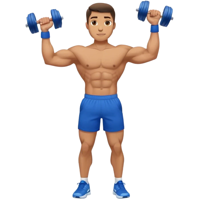 man with blue shorts doing side-lateral raise (T pose) with light dumbbells emoji