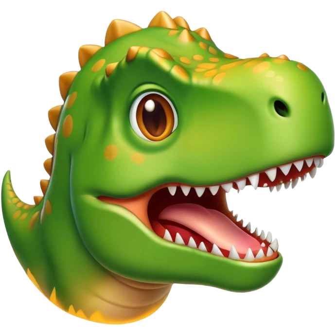 Cinematic Cute T-rex Portrait Emoji, Head tilted playfully with a big, endearing smile, featuring a compact, fierce yet friendly form with a massive head, tiny arms, and sparkling, mischievous eyes, Simplified yet irresistibly adorable features, highly detailed, glowing with a warm, inviting prehistoric glow, high shine, affectionate and lively, stylized with a touch of whimsical dinosaur charm, soft glowing outline, capturing the essence of a mischievous yet lovable T-rex that seems as if it could stomp out of the screen into your heart! emoji