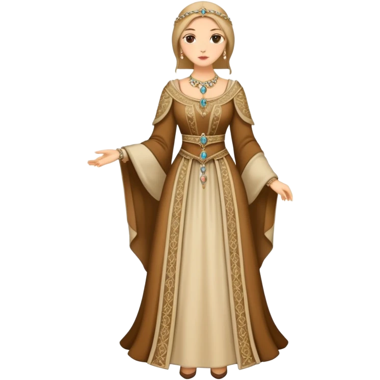 Full body of wealthy medieval townswomen in elegant dress with jewelry and fine embroidered clothing emoji