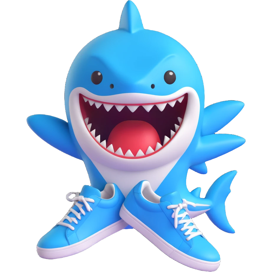 funny shark with blue sneakers, emoji style, transparent background emoji