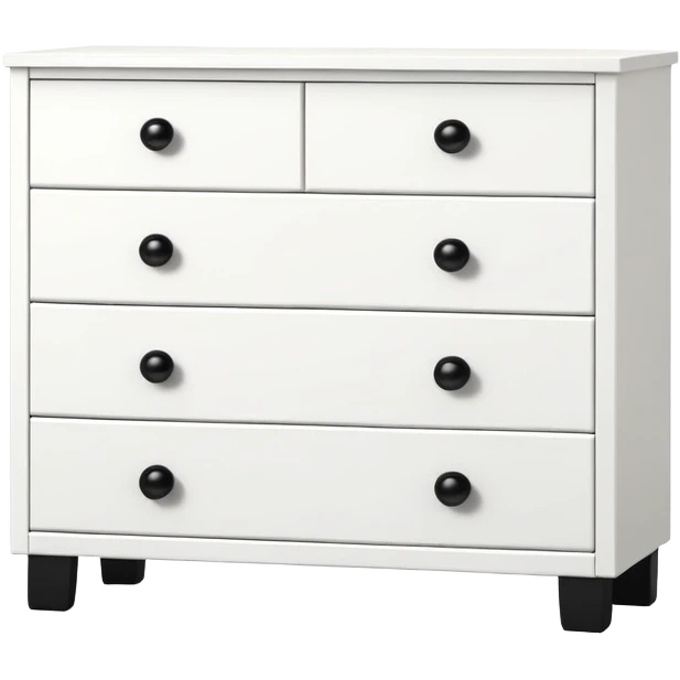 IKEA-style white 6-drawer chest with one small black knob per drawer, realistic depth, minimalist design emoji