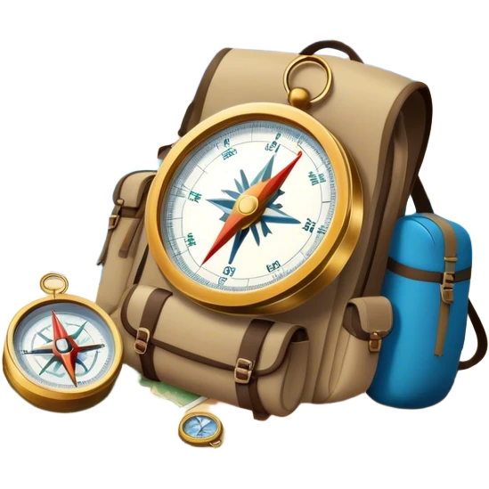 Icon for Expeditions: a compass, a map, and a backpack with trekking gear, set against a backdrop of snowy mountains, sand dunes, and tropical islands. The icon should represent the spirit of adventure and exploration in diverse landscapes. Transparent background. emoji