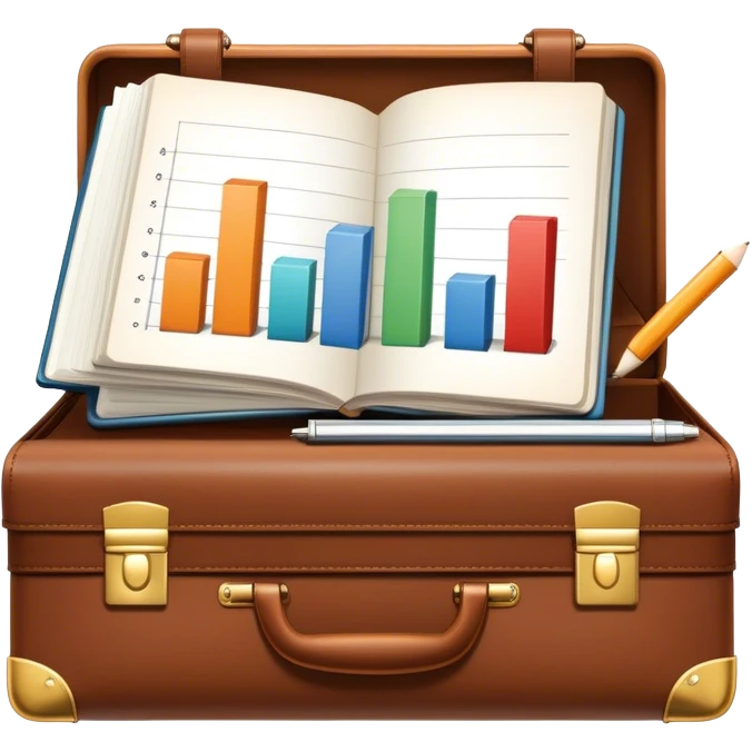Icon for Business Reading: a prominent book at the forefront, with a briefcase, laptop, and notepad around it, along with a bar graph and symbolizing ideas and growth. The icon should represent the knowledge and strategy of business literature. Transparent background. emoji